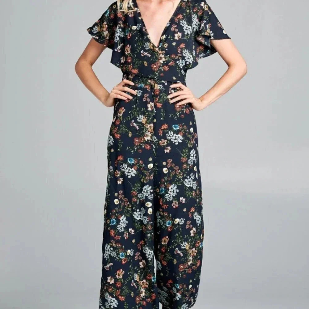 Flutter Sleeve Navy Floral Deep V-Neck Romper - Picture 2 of 9